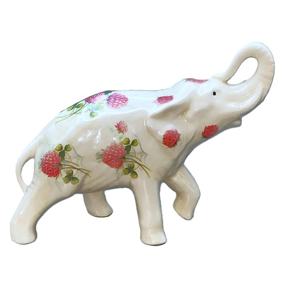 Unbranded Other - Cottage Granny Core Pink Thistle Flowers ELEPHANT Trunk Up Vtg Figurine 6" x 8"